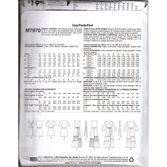 McCall's M7970 Misses 6 to 14 Pullover Dresses Uncut Sewing Pattern New - Picture 2 of 2